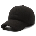 Casquette de baseball d'hiver noire en laine pour homme avec broderie SPORT et protège-oreilles - Réglable / Noir