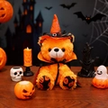Orsetto di peluche per Halloween arancione con cappello e ricamo di zucca - Orso Arancione - Mantello con Colletto Arancione