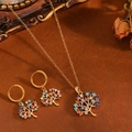 Goldenes Lebensbaum Schmuckset mit bunten Zirkonsteinen Halskette und Ohrringe - Gold Farbiges Baum-Set (T031)