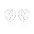 Detailed view of silver heart-shaped stud earrings featuring an angel Cupid cutout design - Steel