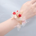 Golden bridal wrist corsage with red roses, pink pearls and white tulle ribbon - Wrist Corsage-Red