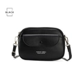 Chic black crossbody phone bag with lychee texture leather and silver logo lettering - Black