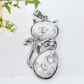 Silver cat pendant with white natural stone inlay and grey veins on a white background - White Turquoise