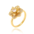 Elegant gold spinning flower ring with sparkling crystals on a clean white background - Adjustable Open / Densely Set Diamond Flower Cluster Style (J1501-I)