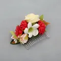 Bridal floral hair comb with red and beige roses on a silver metal pin for weddings - FS07-1 Red