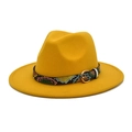 Detail of yellow wool fedora hat featuring a snakeskin leather band and gold buckle - M (56-58cm) / Yellow