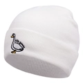 Close-up of silly goose embroidery on white ribbed knit beanie for winter - Elastic One Size (55-61cm) / White