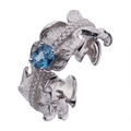 S925 sterling silver feather ring with oval blue gemstone and white diamond accents - Silver Natural Topaz