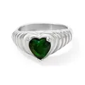 French vintage stainless steel ring with green heart zircon and textured wavy band - US 7 / Silver Green(PBJ302)
