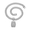 Iced-out Cuban link necklace with a watch-shaped pendant in silver finish - With 50cm Cuban Chain / Silver