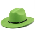 Detail of neon green wool fedora with a black studded leather band and cowboy hat crown - M (56-58cm) / Fruit Green