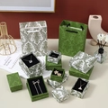 Elegant vintage dark green damask pattern jewelry gift box and matching paper bag set - 7*7*3cm / Enamel White