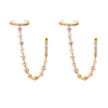 Golden link chain earrings with pink zircon stones and ear cuff on white background - Gold with Pink Gemstone Ear Cuff Chain Earring