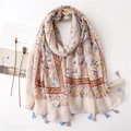 Bohemian paisley print cotton linen scarf in cream with vintage floral and fringe - SL2005-004 (Beige Retro Floral Sprigs)