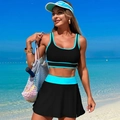 Two-piece sporty bikini set in black and teal with racerback top and swim skirt - S / Black with Blue Trim