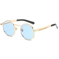 Steampunk round sunglasses with gold metal frame, blue lenses and spring temple detail - Gold Frame Ocean Blue
