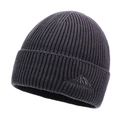 Dark charcoal grey ribbed knit beanie with mountain embroidery for winter outdoor sports - One Size / Dark Gray