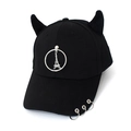 Detail of black baseball cap with devil horns and Eiffel Tower charm in punk style - Tower Black