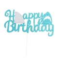 Blue and silver glitter shark themed Happy Birthday cake topper for ocean party decoration - 10523 Shark Blue Large Insert