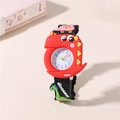 Kids cartoon watch with 3D red dinosaur shape and black silicone strap on beige background - Black