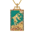 Detail of gold Tarot Fool pendant with green enamel and colorful crystal border - The Fool (With Chain)