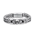 Detail of men's punk skull bracelet with woven chain and vintage oxidized finish - Skull Twenty-Three (19cm/Braided) / Silver