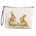 Blumen-Kosmetiktasche mit Hasen-Print, Leinentextur und schwarzer Handschlaufe - Zwei Hasen und Eier Stil (Stil 1)