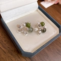 Detailed close-up of retro floral silver earrings with green agate beads in a velvet box - Vintage Flower Pearl Spotted Stone Stud Earrings (16# Silver Needle-Silver-Green)