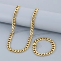 Golden stainless steel Figaro chain necklace and bracelet set with square clasp - 9mm Width - Bracelet 20cm / Gold