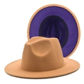 Detail view of the wide-brim fedora hat with camel and purple wool-like felt contrast - M (56-58cm) / Camel And Purple