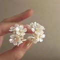 French vintage pearl flower stud earrings with gold accents and crystal center petals - 10# Silver Earring Post - Pearl White Luster Petal Rhinestone