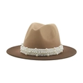 Chapeau fedora en laine beige élégant avec large bande de perles blanches décorative - M(56-58cm) / Camel