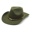 Détail d'un chapeau de cowboy en laine vert olive avec lanière en cuir et perles turquoise - M (56-58cm) / Vert Armée