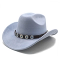 Detail of light blue faux suede fedora with brown leather band and silver metal accents - M (56-59cm) / Light Blue Suede