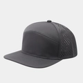 Detail of dark grey laser-perforated breathable side panels on a flat brim baseball cap - Dark Gray