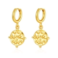 Close-up of gold stainless steel hoop earrings with star and dot pattern on white backdrop - Star Disk (MS-691) / Gold