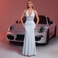 Light blue halter neck evening gown with lace waist detailing and satin mermaid skirt - S / Light Blue