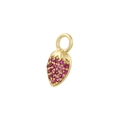 Detailed macro view of a gold strawberry pendant with sparkling red crystals and bail - VD1635 Gold Rose Red Zirconia Strawberry