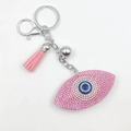 Sparkling pink Evil Eye keychain with rhinestone embellishments and a matching silk tassel - Pink