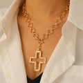 Gold-plated hammered texture hollow cross pendant necklace with T-bar toggle clasp - Gold Necklace (Hollow Cross 8872)