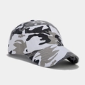 Macro side view of urban camouflage baseball cap showing cotton twill fabric and ventilation holes - Urban Black White Grey Camouflage (Color #7)