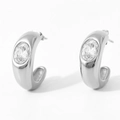 Silver-colored chunky C-shape stainless steel earrings featuring an oval zircon inlay - Silver Base White Stone (PDE861)