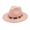 Detail of pink wool fedora featuring a black band with engraved silver metal conchos - M (56-58cm) / Dusty Pink