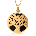 Golden Tree of Life pendant necklace with black resin background and O-chain for women - Gold Round Hollow Tree of Life Black Base Style (KP49613-K)