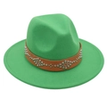 Detailed shot of green wool fedora hat featuring a brown leather band with silver rivets - M (56-58cm) / Grass Green