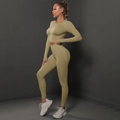 Detail of olive green seamless yoga set with thumb holes and high waist leggings - Khaki