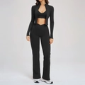 3-delige zwarte sportset voor dames met ritsjack, sport-bh en flared sportbroek - S / Premium Zwart