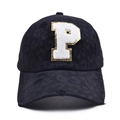 Detail of black leopard print baseball cap with P patch and vintage distressed effects - Letter P Style (P-漏洞马尾棒球帽)