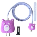 Purple cartoon bear silicone protective cover set for 20W charger adapter and cable - Purple Bear / Five-Piece Set