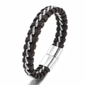 Bracciale vintage da uomo in pelle intrecciata marrone scuro e fili d'acciaio argento - Marrone e Argento